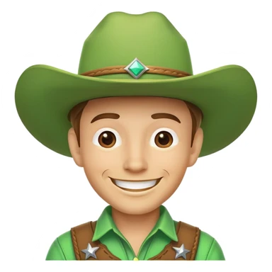 Smiling cowboy wearing a bright green cowboy hat sticker