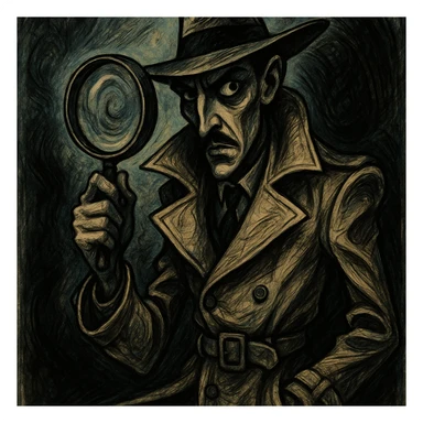 detective character wearing a classic trench coat, holding a magnifying glass, with a mysterious expression, unique artistic style sticker
