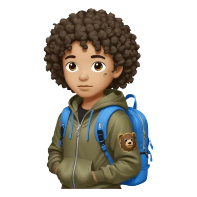 blasian teenager with curly hair, andbape hoodie and sprayground backpack sticker