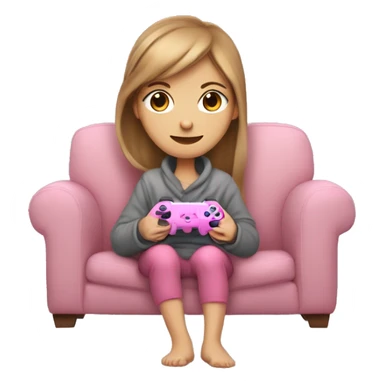 White girl with light brown hair wrapped up in a blanket sitting on a couch with a pink gaming controller in her hands sticker