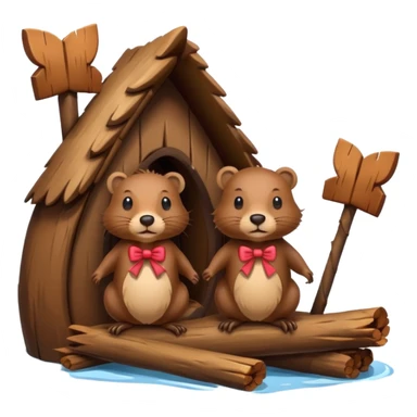 a beaver couple, one a female with a bow on her head in a beaver home made of sticks and logs sticker