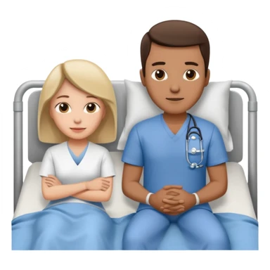 husband in plainclothes sitting beside hospital bed of wife sticker