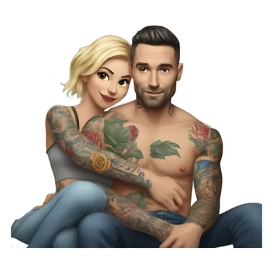 Hyper Realistic beautiful woman in the arms of a very handsome tattooed man on a sofa sticker