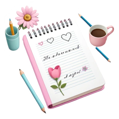 A whimsical notebook, opened, showing poems written with heart and flower Doodles and a  pencil beside it, all sitting on an antique soft wooden table covered on a pastel pink tablet cloth with a whimsical floral print, still life masterpiece, 8k sticker