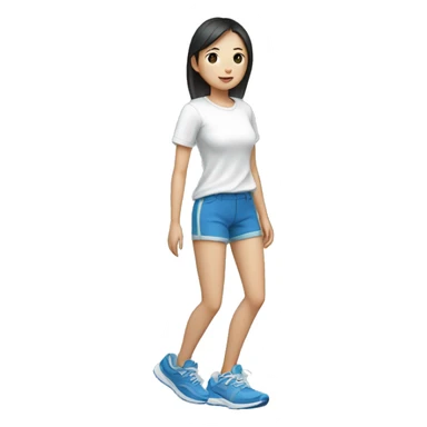 teen asian with short pants, white shirt sarcasm imprint, colorful teel blue running shoe sticker