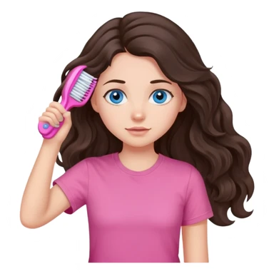 Девушка с голубыми глазами темно коричневыми длинными волнистыми волосами в розовой футболке держит расчесывает волосы sticker