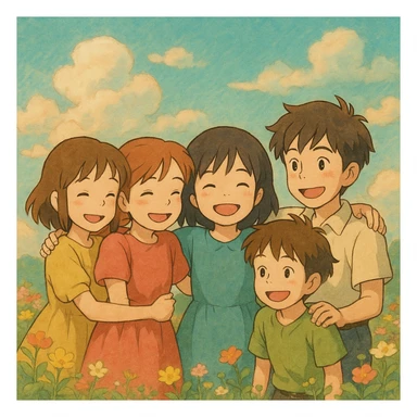 A close-knit group of three girls and two boys, arms around each other, in a Ghibli-inspired photo with dreamy backgrounds and expressive faces. sticker