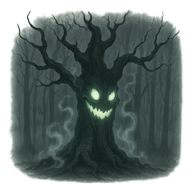 Harold the haunted tree with spectral mist, creepy smile, unsettling glowing features, spooky forest setting sticker