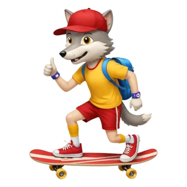 A gray wolf with large, expressive eyes and a friendly smile. The gray wolf is wearing a bright yellow T-shirt, red shorts, white knee socks, and sneakers. The baseball cap is worn backwards. The wolf holds a skateboard in one hand and gives a thumbs-up with the other, a confident and cheerful pose. sticker