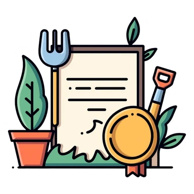 Certificate with gardening tools and plant award sticker
