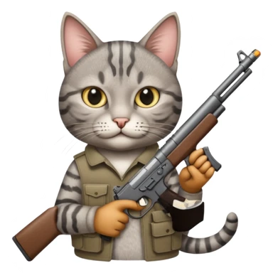 Gray tabby cat with a gun sticker