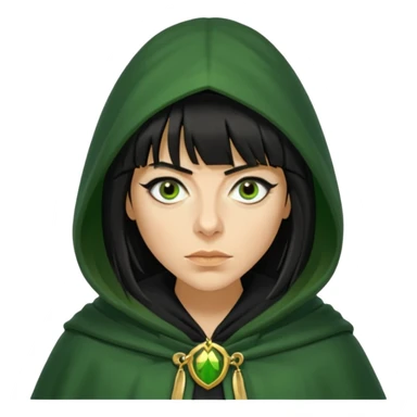 claudia winkleman with a heavy fringe as a traitor with a green hooded cloak with a gold clasp and dark black eyeliner sticker