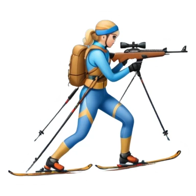 An icon featuring a biathlete skiing along a winding trail with a rifle on their back, surrounded by a beautiful snowy landscape with mountains and pine trees. A target range appears in the distance. Transparent background highlights the blend of endurance, precision, and winter beauty. sticker