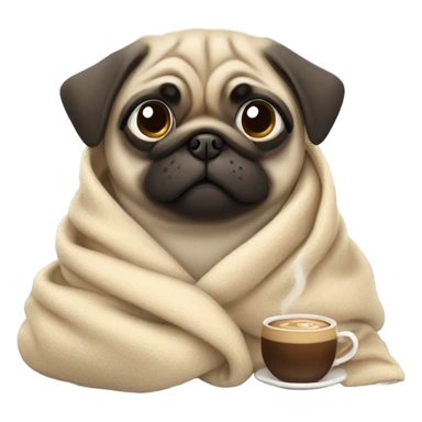 dog pug in a blanket with a cup of coffee sticker