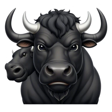 Cinematic Noble Black Bull Portrait Emoji, Poised and regal, with a massive, muscular build and a sleek, well-groomed pure black hide, deep-set soulful dark eyes, Simplified yet sharp and sophisticated features, highly detailed, glowing with a soft, dignified glow, high shine, intelligent and formidable, stylized with an air of strength, focused and attentive, soft glowing outline, capturing the essence of a watchful and confident guardian, so majestic it feels as though it could charge out of the screen with effortless authority! sticker