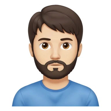 Argentine male with longer wavy dark brown hair reaching shoulders, wavy bangs, short complete beard, serious neutral face, wearing plain blue t-shirt sticker