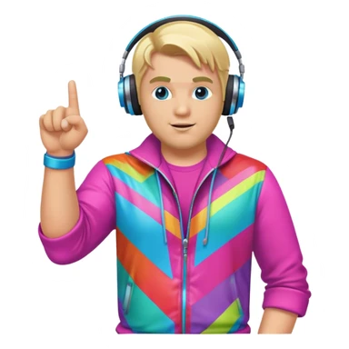 blond big man in colorful dj outfit pointing to one side sticker