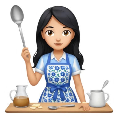 Girl with tan skin long black hair, in a blue and white floral apron, with a mixing spoon in hand  sticker