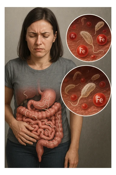 donna con parassiti intestinali che amano la sua carenza di ferro così possono svilupparsi. Immagini realistiche sticker