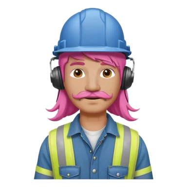 construction worker with long pink hair and protective headphones and mustache sticker