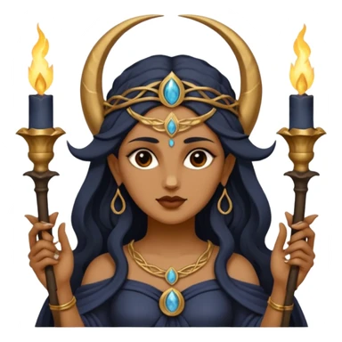 The goddess Hecate with 3 heads holding two torches the front head with a crescent moon on forehead sticker