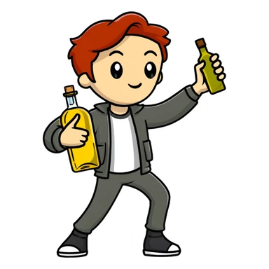 redhead person holding olive oil bottle like a pistol, action pose sticker