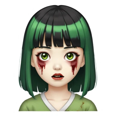 zombie green girl asian with bangs black and long hair black and brown eyes sticker