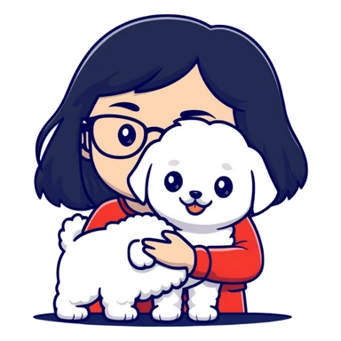 Girl with long black hair and glasses holding a white Bichon Frise dog sticker