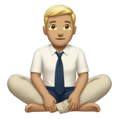 man meditating sitting down with cream dress shirt and navy blue pants . no tie sticker