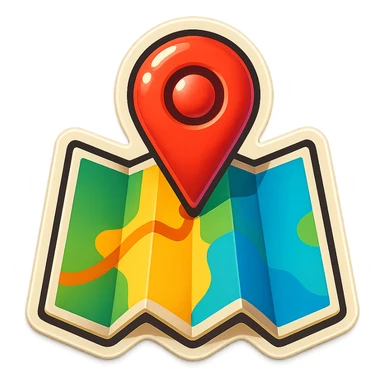A sticker of a cartoon-style map with a big red location pin sticker