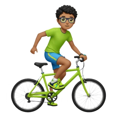 Menino pardo com cabelo curto cacheado preto raspado dos lados, de óculos preto quadrado e blusa verde e amarela bermuda preta e chinelo azul andando de biblicleta verde neon sticker
