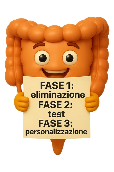 emoji stile iphone 3d di un intestino che tiene in mano un foglio con la scritta "FASE 1: eliminazione, FASE 2: test, FASE 3: personalizzazione, IPERREALISTICO 4K sticker
