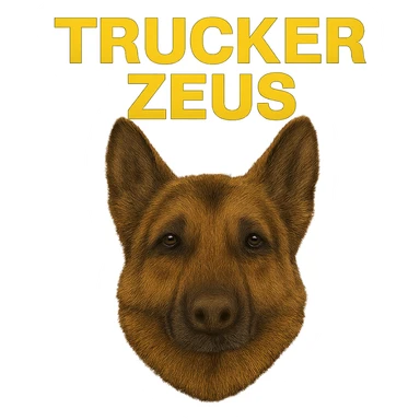 Reduce the image file size as much as technically possible, even if it lowers image quality, while keeping the background fully transparent, the realistic German Shepherd, and yellow 'Trucker Zeus' text. sticker