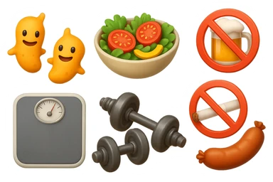 emoji stile iphone di: due batteri intestinali felici, una bowl di insalata, una bilancia pesapersone, manubri da palestra, e un boccale di birra con divieto 3d sopra, una sigaretta con divieto 3d sopra e un wurstel con divieto 3d sopra, fluttuano in aria, iperrealistico 4k sticker