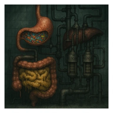 medical horror illustration of human digestive system mapped as a factory, stomach full of vibrant microplastic shards, liver with pesticide filter-clogged pipes, intestines covered in yellow preservative sludge, disturbing clinical eerie atmosphere sticker