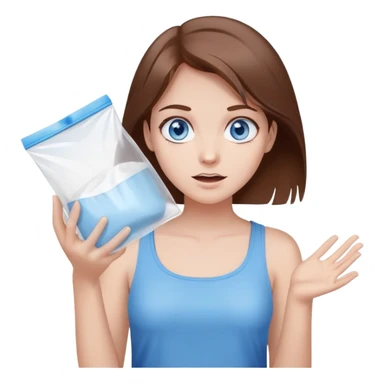 Brown hair blue eye Girl shrugging holding a clear plastic bag with white powder sticker