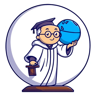 wise professor in academic robe spinning a floating globe sphere sticker
