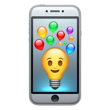 Generate a realistic emoji of a smartphone where a lot of things like data, ideas, inventions and creative stuff coming out of it. Whats coming  out of it spreads in the air  sticker