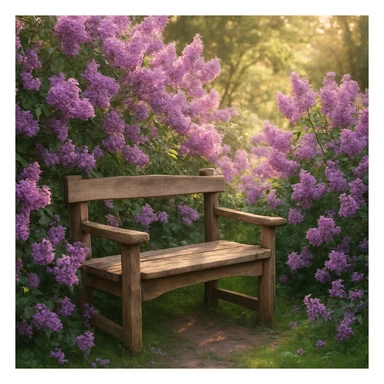 A rustic bench nestled among vibrant lilac bushes, floral abundance, serene garden scene sticker
