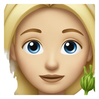 White girl, blonde, with blue eyes, rubs her head on which there are onion sprouts sticker