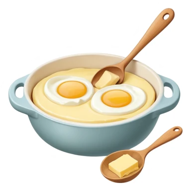 A carton of eggs, butter and a cream ceramic baking bowl with a wooden spoon in it sticker