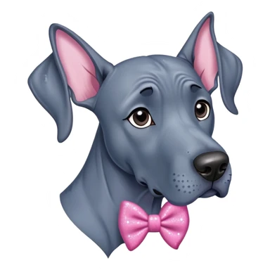 Blue Great Dane dog with a sparkly pink bow on one ear, cute cartoon style sticker