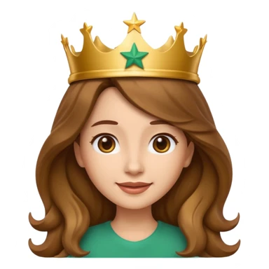 Apple style 3D emoji of a young woman inspired by the Starbucks logo. She has long wavy hair on both sides, a crown with a star on her head, and a soft smile. Smooth, shiny, simple emoji look. sticker