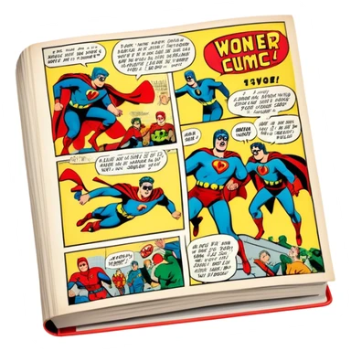 Icon for Vintage American Comics: an open comic magazine with classic 1940s-1950s American comic art, featuring superheroes in bold, bright colors, with action panels and exaggerated speech bubbles. The icon should represent the nostalgic style of vintage comics. Transparent background. sticker