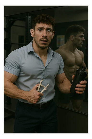 a fit man in his 30s stands in front of a gym mirror, flexing his muscles with a concerned expression. In one hand, he holds a caliper measuring his body fat, while in the other, a protein shaker. Reflected in the mirror, his muscular physique appears slightly faded around the edges, symbolizing his fear of losing muscle. The background shows gym equipment and nutrition charts, emphasizing his focus on definition. sticker