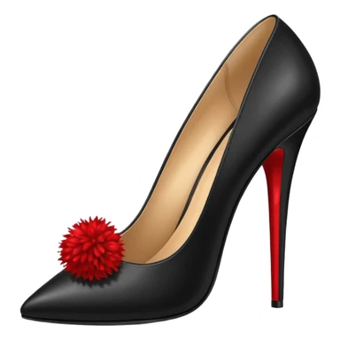 A pair of back high heels with a red Pom-pom sticker