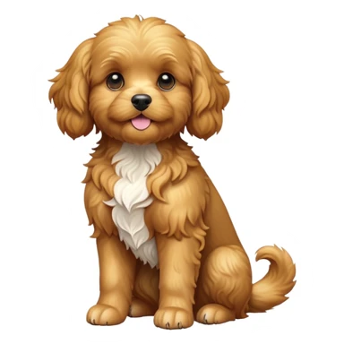 cinematic-[cavoodle dog]-realistic-full-body-sitting-emoji,-tail-resting-loosely-beside-its-paws,-head-tilted-dramatically,-wavy-[golden]-fur,-simplified-yet-realistic-focused-features,-highly-detailed,-glowing-with-an-almost-sarcastic-glow sticker