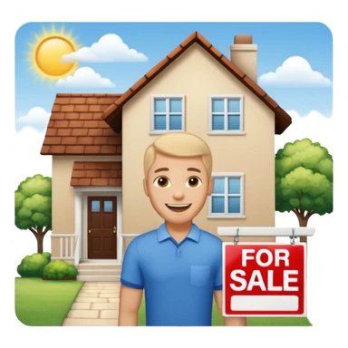 emoji de bienes y raices, un hombre y una casa en "venta for sale" sticker