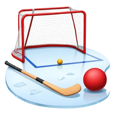 A red ball and hockey stick resting on an ice rink, with the goalposts and clear markings in the background. The scene captures the unique nature of field hockey with a ball on ice, emphasizing the speed and precision of the sport in a cold, competitive atmosphere. sticker