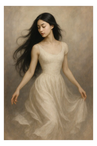 girl in a flowing dress, long black hair, elegant pose, soft background sticker